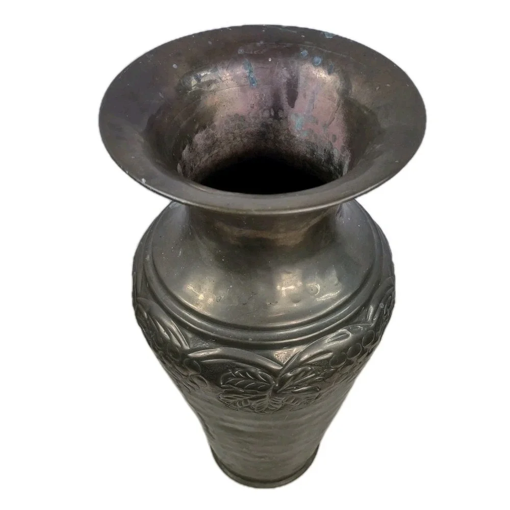 Vintage Distressed Tall Brass Embossed Urn Vase Vessel India 14.5
